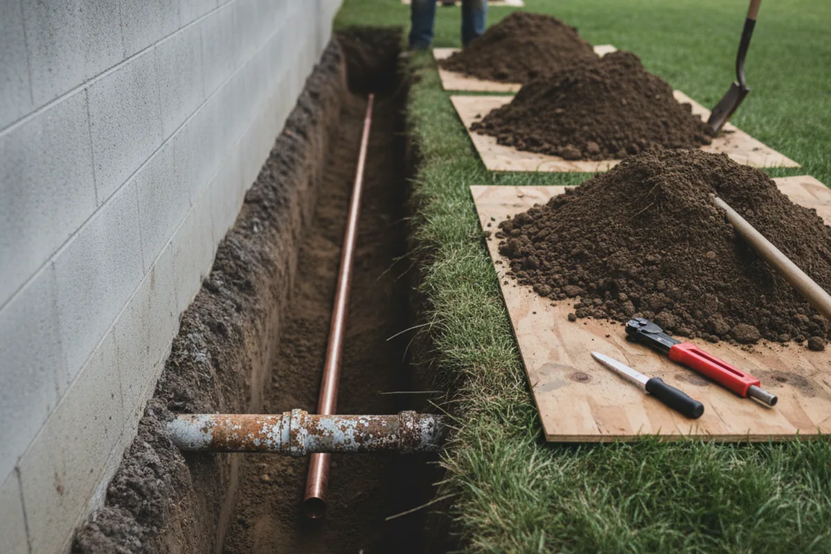 Excavated water line trench during Sewer Line Repair in Garden Plain